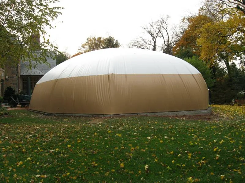 Tan and white Aquaflex inflatable dome covering a backyard pool in autumn